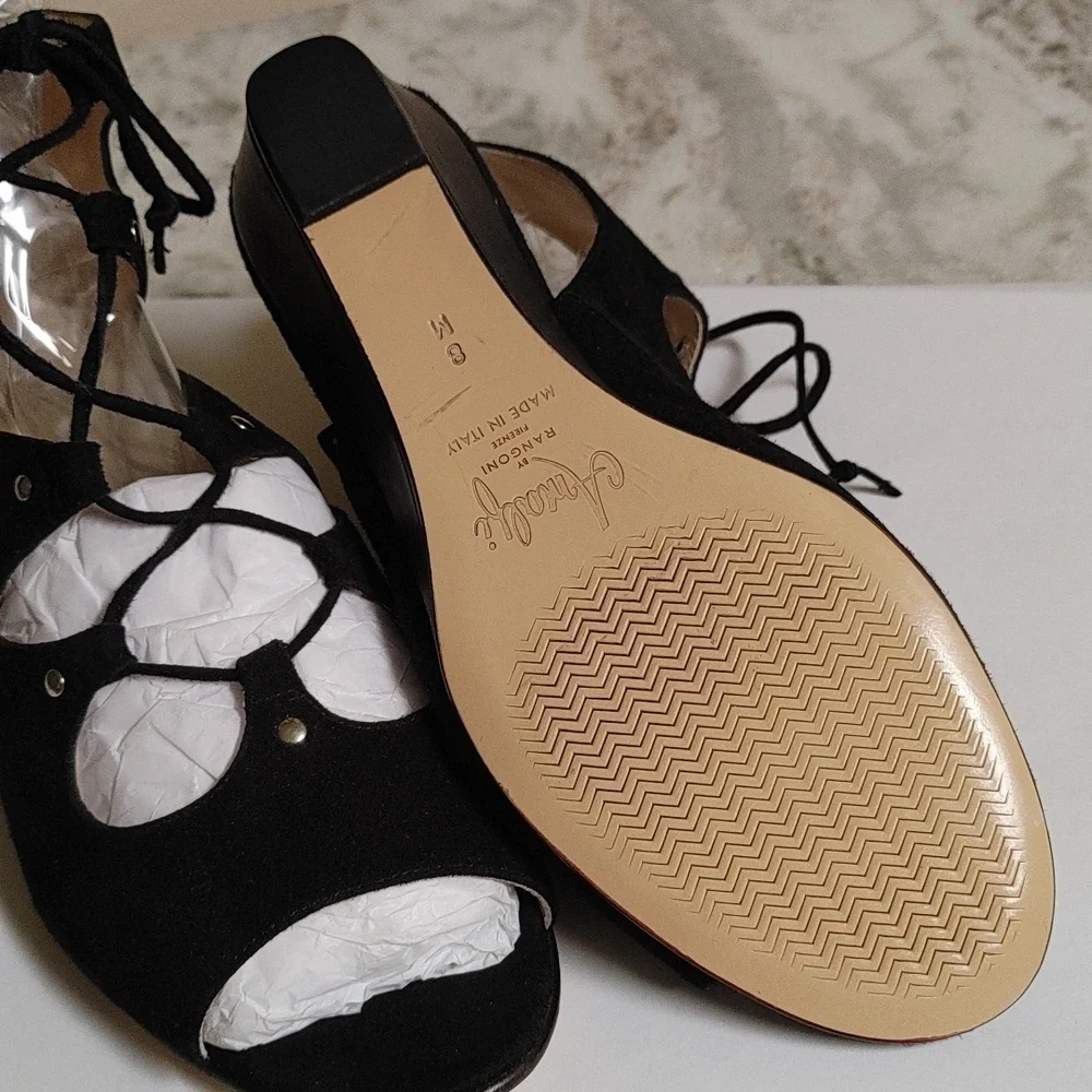 Amalfi By Rangoni Firenze Black Suede Wedge Lace Up Open Toe Ankle Sandals 8M